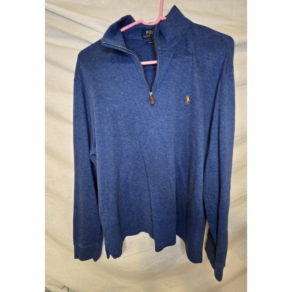 Polo Ralph Lauren Estate Rib Quarter Zip Pullover Blue Cotton Sweater Mens Large - Picture 2 of 6